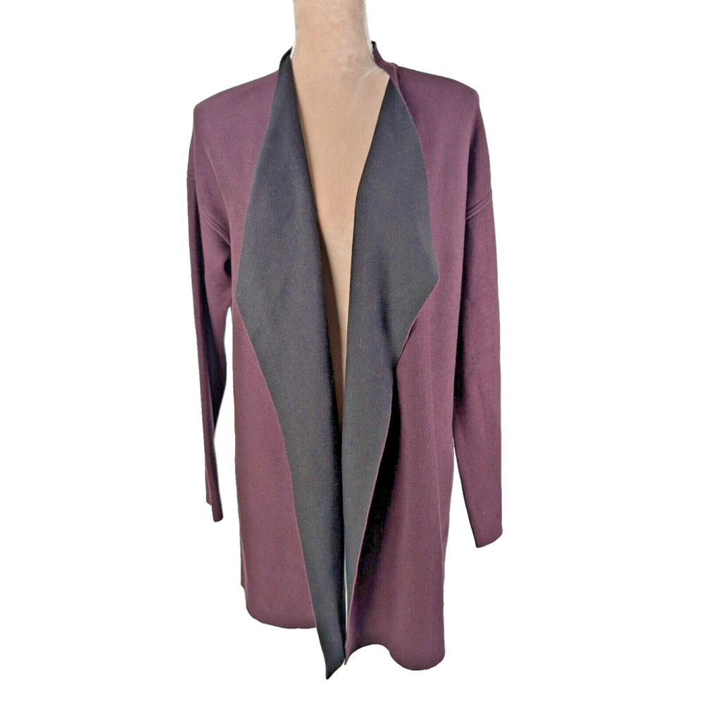 Eileen Fisher Silk Cascading Front Cardigan Burgundy Black Open Front Small